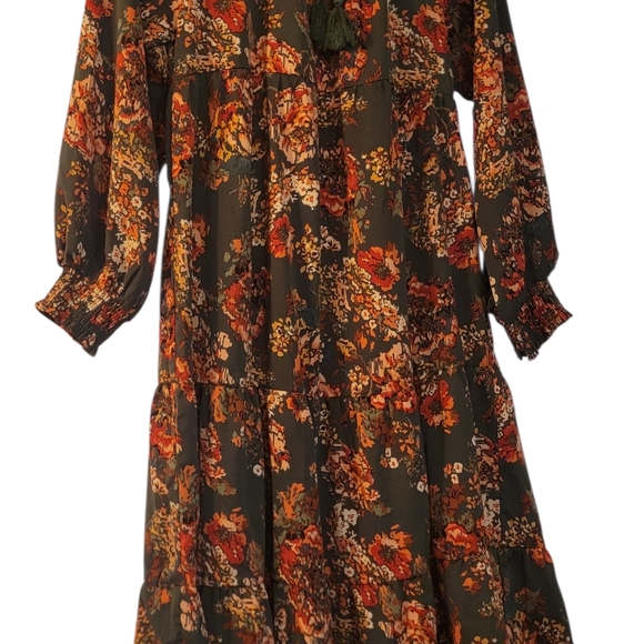 Umgee Floral Dress, Long Sleeve Maxi, Green And Orange Small - Picture 3 of 9